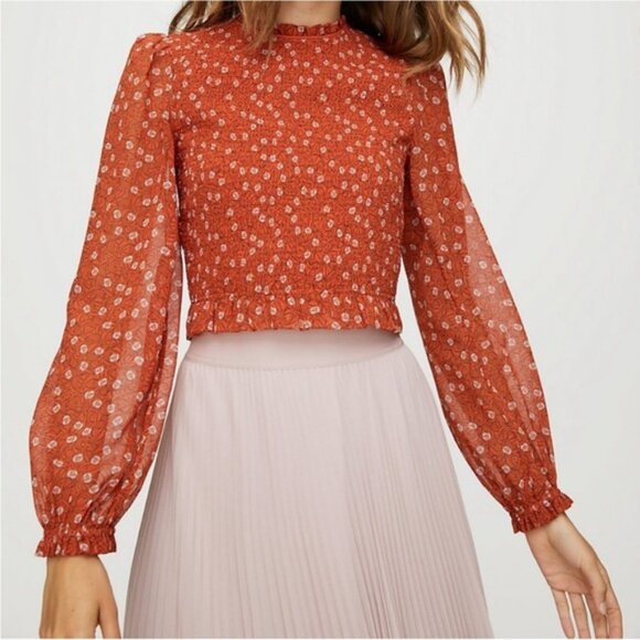 Aritzia Wilfred Lilith Blouse Cropped Smocked Floral Long sleeve Orange Size XS - Picture 9 of 16